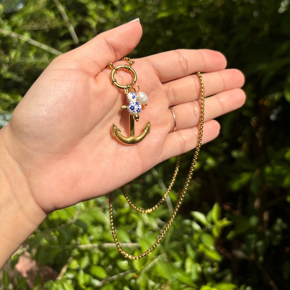 18K Gold Plated Anchor Charm Long Necklace - Picture 2 of 6